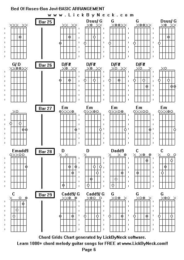 Chord Grids Chart of chord melody fingerstyle guitar song-Bed Of Roses-Bon Jovi-BASIC ARRANGEMENT,generated by LickByNeck software.